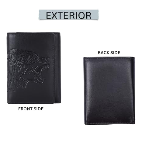 Image of Wild Wolf Black Trifold Wallet for Men - Full-Grain Nappa Leather, RFID Blocking, Unique Embossed Design, Gift for Husband, Dad, or Boyfriend