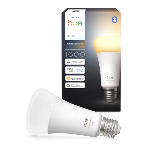 Philips Hue Smart A67 LED Bulb, White Ambiance, E27 Base, 11.8W, Full Spectrum Light 1000K-20000K, 1600 Lumens, Dimmable Mood Lighting, Smart Lighting Works with Alexa, Google, and Apple Home, 1 Pack