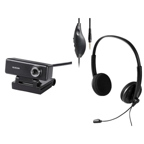 【+ノイキャンヘッドセット4極】エレコム WEBカメラ UCAM-C520FBBK 200万画素 HD 720p 30FPS マイク内蔵 高精細ガラスレンズ ケーブル長1.5m ブラック &エレコム ヘッドセット 4極 3.5mm ノイズキャンセリング 単一指向性 軽い 有線 マイク付き ヘッドホン 長時間 ウェブ会議 テレワーク ブラック HS-HP06STBKの商品画像（Amazon）