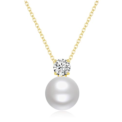 SUNFEEL 10MM Single Pearl Necklaces for Women, 925 Sterling Silver 14K Gold Plated Pearl Pendant Necklace Inlaid Cubic Zirconia Gift for Mom Wife Girlfriend Bride Wedding Dainty Jewelry, 16+2''