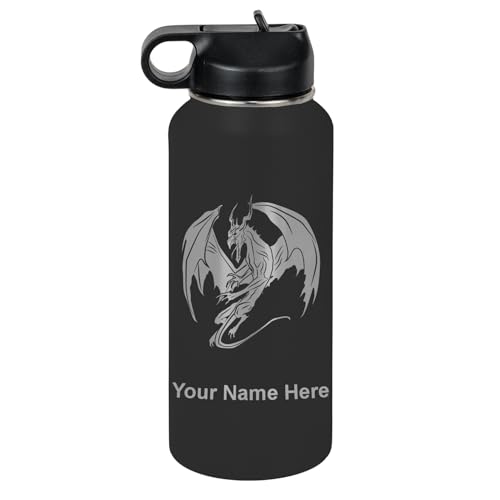 LaserGram Personalized Water Bottle, Dragon, Stainless Steel Double Wall Vacuum Insulated with Flip Top Straw, Custom Engraved Gift (32oz / 950ml Black)
