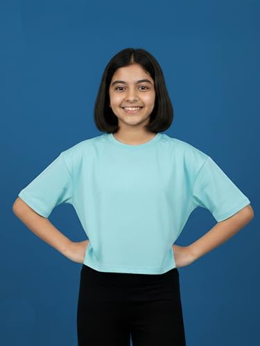 Image of KiddoPanti Girls 100% Cotton Solid Drop Shoulder Half Sleeve Round Neck Crop Tee