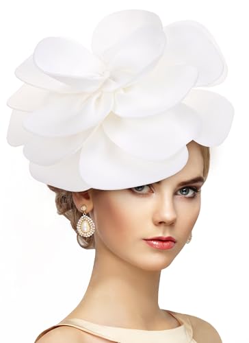 Zinniday White Large Flower Fascinators - 2025 Elegant Bridal Wedding Fascinator Hats Rose Cocktail Headpiece 1920s 50s Floral Tea Party Hat for Women Prom Halloween Renaissance Accessories