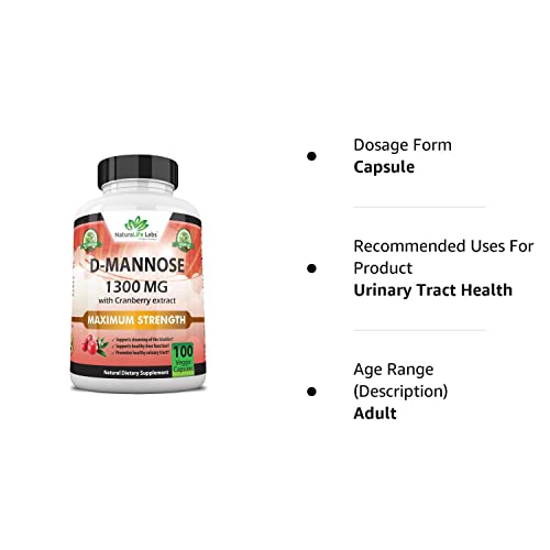 D-Mannose 1,300 Mg With Cranberry Extract Fast-Acting, Flush Impurities, Natural Urinary Tract Health- 100 Veggie Capsules #TOP7