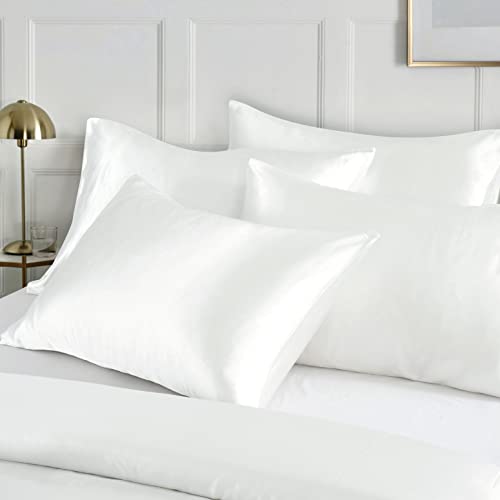 Image of Ersmak 6 Pieces Satin Duvet Cover King Size Luxury Silky Bedding Duvet Cover Set with 1 Soft Duvet Cover, 4 King Pillowcases and 1 Body Pillowcase, Ivory White