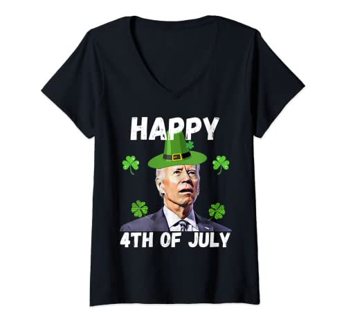Mujer Divertido Joe Biden Feliz 4 de julio Confundido Día de San Patricio Camiseta Cuello V