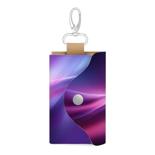 Abstract Flowing Wave Lines Gradient Violet Pink Key Holder Bag PU Leather ID Card Holder Keychains Case Cover for Men Women