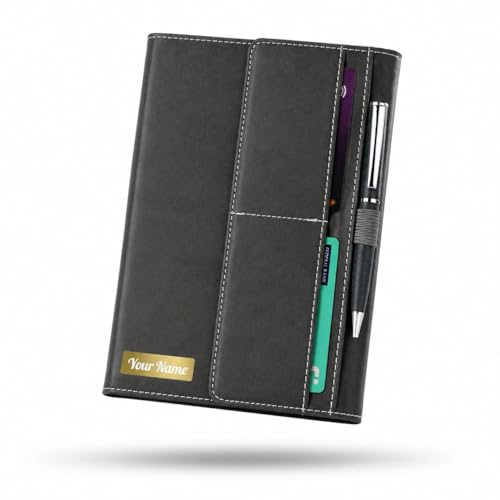 Image of FoldBook Stash Personalized Name Print A5 Notebook with Magnetic Flap Closure, 3-Fold Organizer Cover with Pockets & Pen Slot, 192 Pages 80 GSM Paper, Bookmark Ribbon, Custom Journal for Office School Gifts (OLIVE)