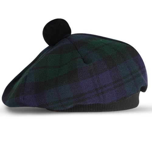 Scottish Tam O&rsquo; Shanter Hat Tartan Bonnet Pom Pom Wool Flat Cap One Size (Black Watch 008tcp)