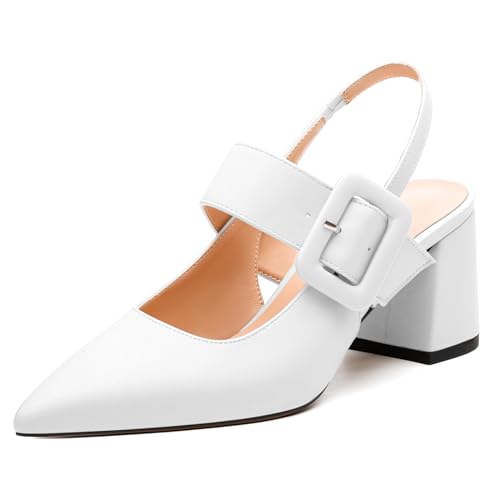 Women's Slingback Pumps, Pointed Toe Mid Heels, Adjustable Buckle Fashion Solid Color Chunky Heel Shoes for Women