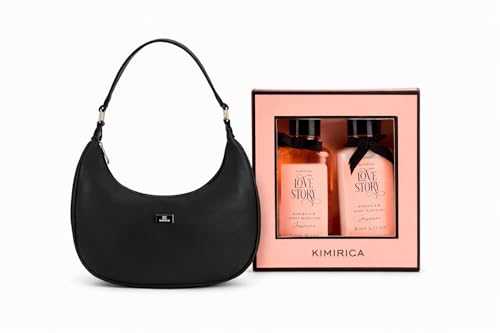 Image of K London Vegan Leather Half Moon Women's Black Hobo Shoulder Bag with Kimirica Love Story Gardenia & Night Blooming Jasmine Body Care Gift Set - Premium Handbag & Bath Combo for Women
