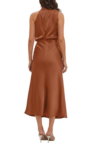 Image of Women's Satin Maxi Dress Summer Formal Wedding Guest Cocktail Dress | Mock Neck Sleeveless,Elegant Silk Midi Long Dress,High Neck,Halter,Aline,Bridesmaid,Bridal Shower Guest,Garden Party,Dinner
