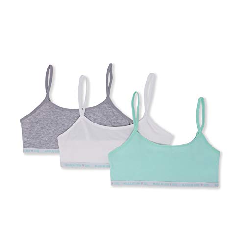 Maidenform Girls' Logo Band Cotton Crop Training Bra, 3 Pack, Blue Tint/White/Heather Gray, Medium