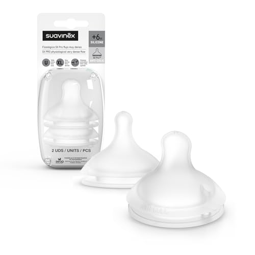 Suavinex, Pack de 2 Tetinas Fisiológicas Sx Pro de Silicona, para Biberones Suavinex, Tetina de Flujo Muy Denso (XL), para Papillas Densas y Cereales, +6 Meses, con Válvula Anticólico, 2 Unidades