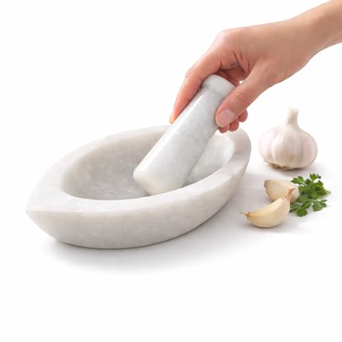 Image of Marble Boat Shape Mortar and Pestle Set 5 Inch, White Stone Grinder for Crushing Spices, Herbs and Garlic, Traditional Kitchen Tool for Masala, Chutney and Food Preparation