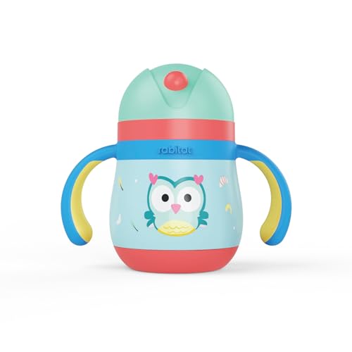 Image of rabitat Gravity EasyFlow Stainless Steel Sippy Cup 390 ml | 2 Years Brand Warranty | Leak Proof | BPA Free Soft Silicone Straw | Sippy Cup for Kids with Weighted Straw, Sky Hoot