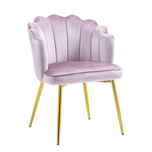 Image of ZOBIDO Modern Velvet Chairs Comfy Upholstered Vanity Chairs for Bedroom Armchair Dining Chairs with Golden Metal Legs Petal Shape Back Desk Chair, for Women, for Girls (Bright Purple)
