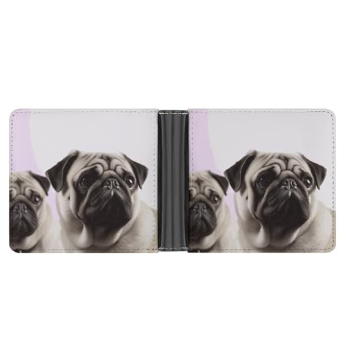 Men's Leather Wallet Bifold Wallet for Men Pug Dog Slim Wallet with Multiple Card Classic Passcase Mens Card Holder