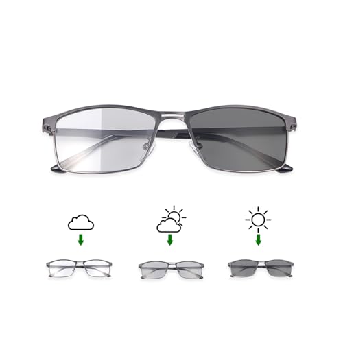 LJIMI Photochromic Bifocal Reading Glasses Men Women Transition Sunglasses UV Protection Sun Readers Far and Near Dual-Use Lens Blue Light Blocking Eyeglasses Full Rim Metal Frame Presbyopia Eyewear