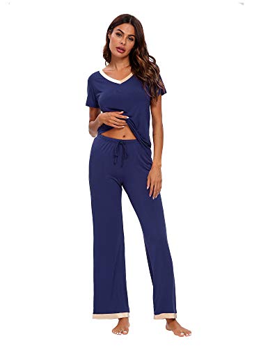 Tiktik Womens Bamboo V-Neck Pajama Set Comfy Sleepwear Short Sleeve Top With Pants Pjs Petite Plus Size S-4Xl, Navy, 2X-Large #TOP1