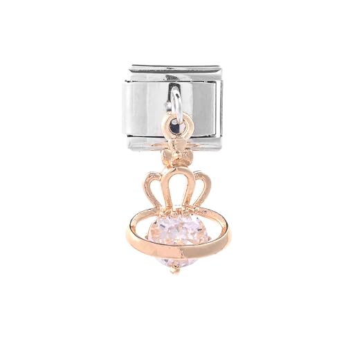 Image of Mon & Sons Sea Turtle Dog Dragonfly Butterfly Crown Bee Engagement Daughter Charm Silver Italian Link Stainless Steel Bracelet Charm Compatible With 9mm Bracelet (Gold Crown Crystal Saturn Orb)