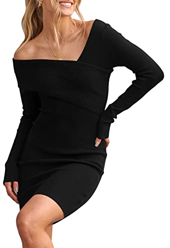 Tiksawon Women's Sexy Wrap V Neck Long Sleeve Short Pullover Sweater Dress Bodycon Off Shoulder Mini Club Dress Black L #TOP5