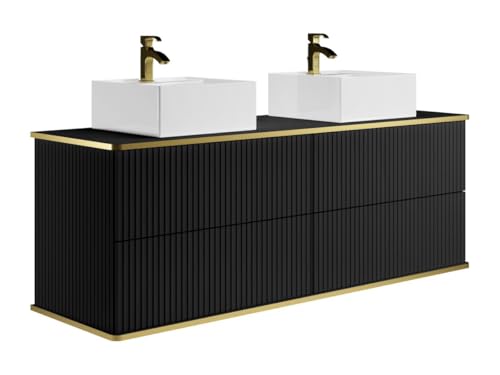 Vente-unique - Meuble de Salle de Bain Suspendu strié liseré doré avec Double Vasque à Poser carrée et 4 tiroirs - Noir - 150 cm - KELIZA