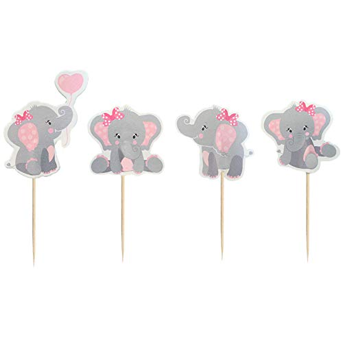 Finduat 48 Pieces Pink Elephant Cupcake Toppers for Girl Baby Shower Decorations Supplies, Baby Girl Birthday Party Supplies(Double Sided)
