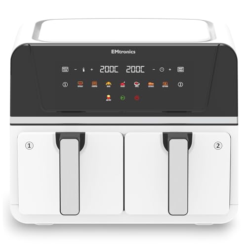 EMtronics 9L Dual Zone Air Fryer 2400W Family Size, 8 Preset Cooking Mode, Match Cook & Smart Finish Functions, 9 Litre - White