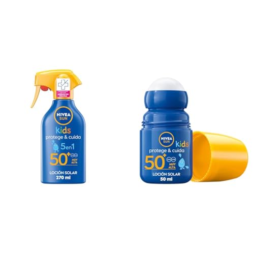 PACK NIVEA SUN Spray Solar Kids Protege & Cuida FP50+ (1 x 270 ml), protector solar para niños + NIVEA SUN Roll-On Solar Kids Protege & Cuida FP50+ (1 x 50 ml), protector solar para niños