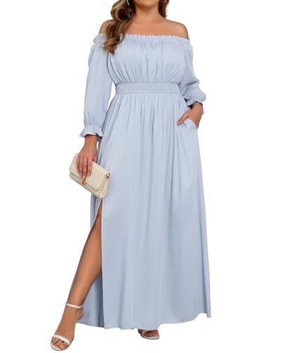 Image of Holipick Women's Off The Shoulder Boho Dress Plus Size Floral Smocked Waist Split Summer Maxi Sundress with Pockets