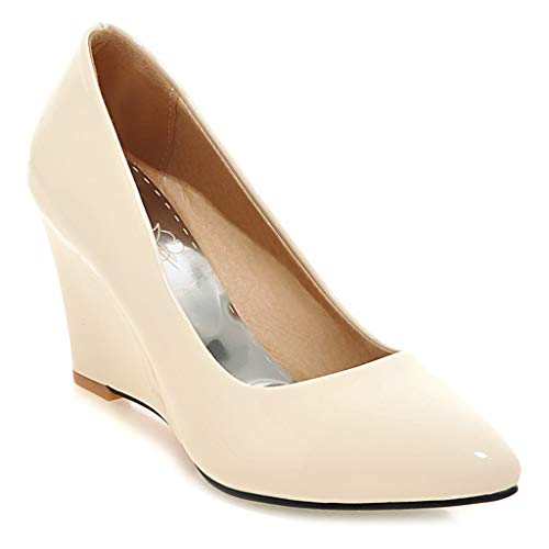 MIOKE Women's Fashion Wedge High Heel Pumps Pointed Toe Patent Leather Slip-On Comfort Chunky Dress Shoes