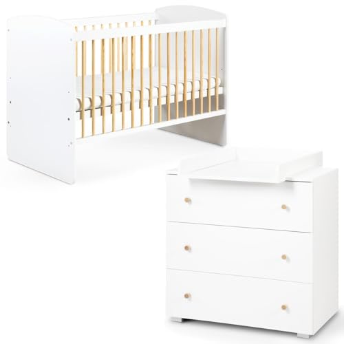 Mon Mobilier Design Karolina II Ensemble lit bébé 120x60 et Commode à Langer 3 tiroirs Blanc/Pin