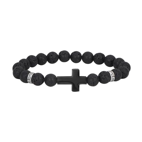 MILAKOO 8mm Natural Stone Lava Bracelet Diffuser Essential Oil Wristband with Stainless Steel Cross