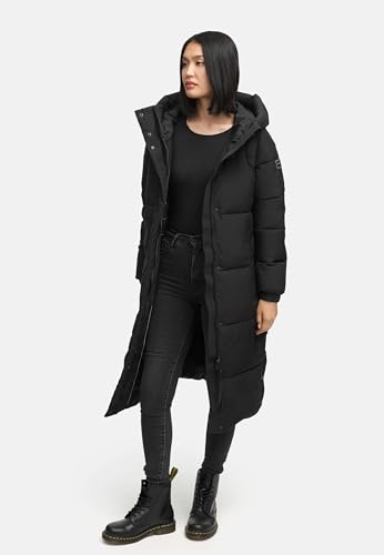 Navahoo Damen langer Wintermantel warmer Steppmantel mit 2-Wege-Reißverschluss und verstellbarer Kapuze Taublüte XIV Black Gr. XS