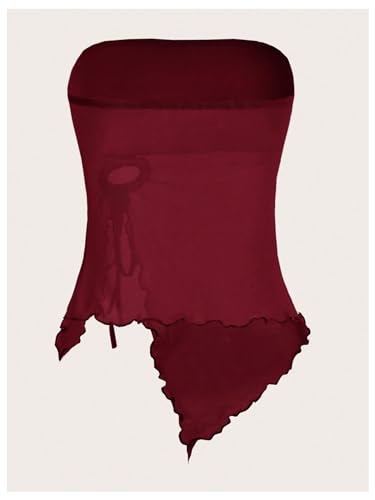 SOLY HUX Women's Mesh Drawstring Split Tube Top Strapless Sleeveless Asymmetrical Hem Summer Tops2