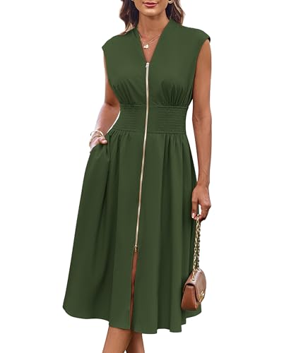 V Neck Office Dress with Smocked Waist