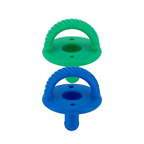 Image of Itzy Ritzy Silicone Pacifiers for Newborn - Sweetie Soother Pacifiers Feature Collapsible Handle & Two Air Holes for Added Safety; for Ages Newborn and Up, Set of 2 in Hero Blue & Clover