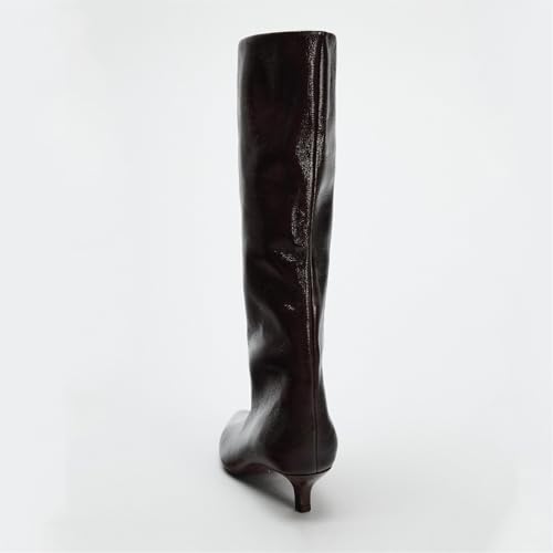 Goolita Burgundy Knee High Boots For Women, Pointed Toe Kitten Heel Wide Calf Boots Cherry Red Slip On Dress Tall Boots4