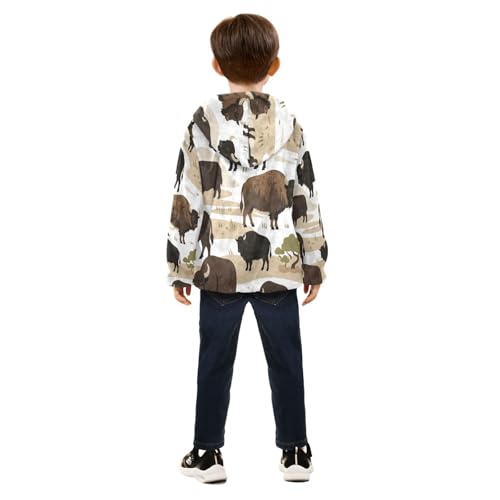 Bison Pattern Print on Fabric Toddler Fleece Jacket Girl Boys Hooded Fleece Jacket Coat Warm Outwear Zip-up 3-10T4