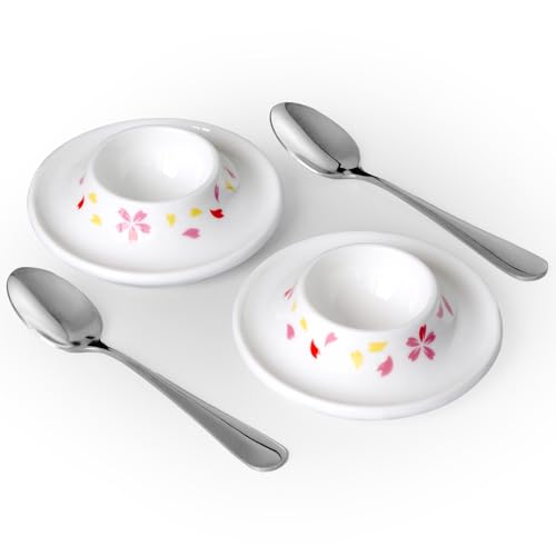 Image of Cinf Ceramic Sakura Egg Holder Set of 2 Porcelain Holder With 2 Stainless Steels Egg Spoons Breakfast Boiled Cooking Easy to Clean Childhood Memories Kitchen