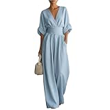 ZRYAZQ JUMPSUIT DAMEN SOMMER ELEGANT MIT ÄRMEL OVERALL FESTLICH LANG TAILLIERT HOSENANZUG HOCHZEITSGAST WEITES BEIN JUMPSUITS V AUSSCHNITT BUISNESS ROMPER FRAUEN HALBARM MIT TASCHE SOMMER PLAYSUIT