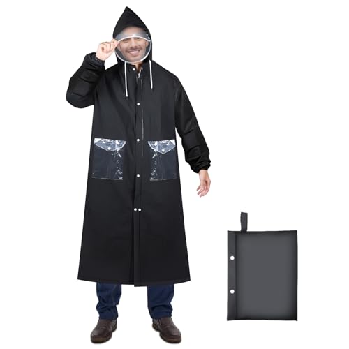 Desoto Chubasquero impermeable con capucha, poncho de lluvia con cintura ajustable y alas, chaqueta de lluvia portátil y ligera de viaje para hombres y mujeres (negro, XXL), Negro, XXL Plus Tall
