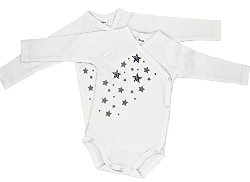 Clevere Kids Baby Body Wickelbody Sterne hellgrau Langarm | 2er Pack | 100% Baumwolle | Öko-Tex | Unisex (50/56)