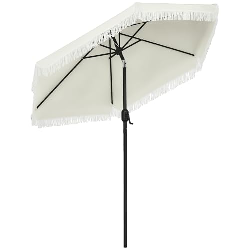 Outsunny Parasol de jardin Parasol droit inclinable Ø 2,25 m avec manivelle à franges style bohème 6 baleines crème et mât noir