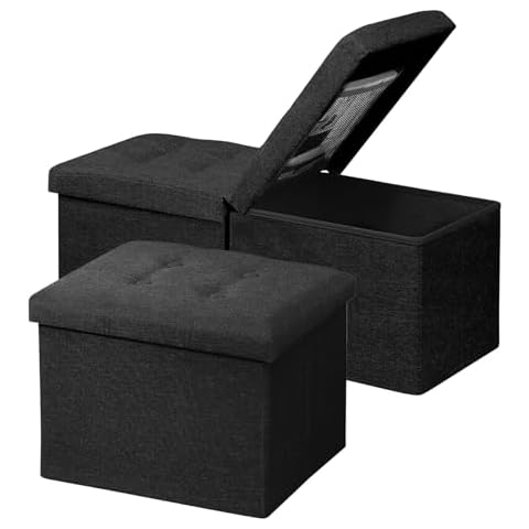AmasSmile 2PC Storage Bench Folding Storage Ottoman Foot Rest Stool, Black Linen Footstool Bench, Short Ottoman Bench, Storage Foot Rest Store as Books, and Blanket Storage or Others, 34in and 17in Cover