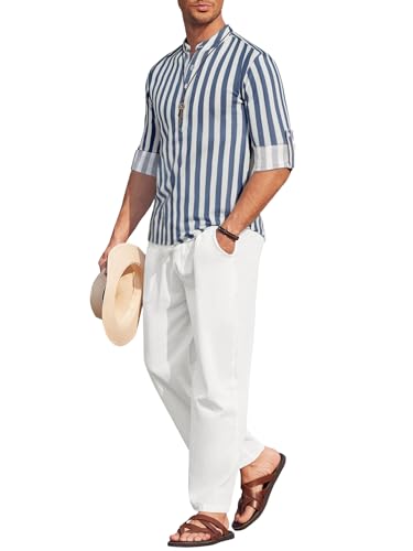COOFANDY Men's 2 Pieces Cotton Linen Set Long Sleeve Striped Henley Shirts Casual Beach Pants Summer Yoga Outfits