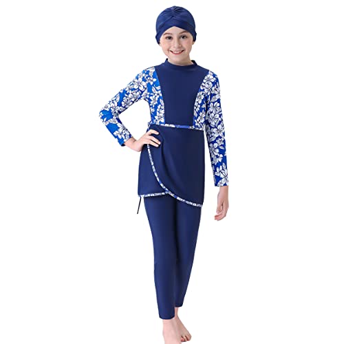 ODIZLI Toddler Girls Muslim Burkini Modest Muslim Swimsuit for Kids Islamic Full Cover Hijab Long Sleeve Top Pants Two Piece Swimwear Long Sleeve Rash Guard Bathing Suit Floral Print Blue 9-10 Years