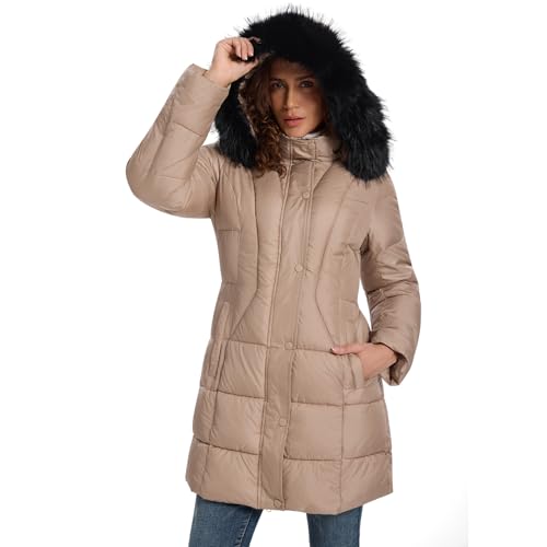 Image of HOTIAN Women's Winter Puffer Down Coat Long Thickened Padded Parka Warm Jacket with Faux Fur Detachable Hooded