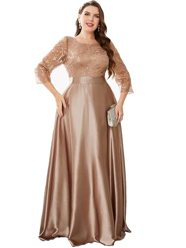 Women's Plus Size Sequin Embellished with Satin A-line Hem 3/4 Sleeves Formal Evening Gown Maxi Long Dress